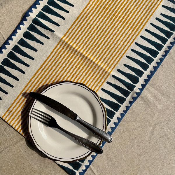 Cotton Table Mats | Place Mats | Striped | Blue & Mustard Yellow | Set of 6