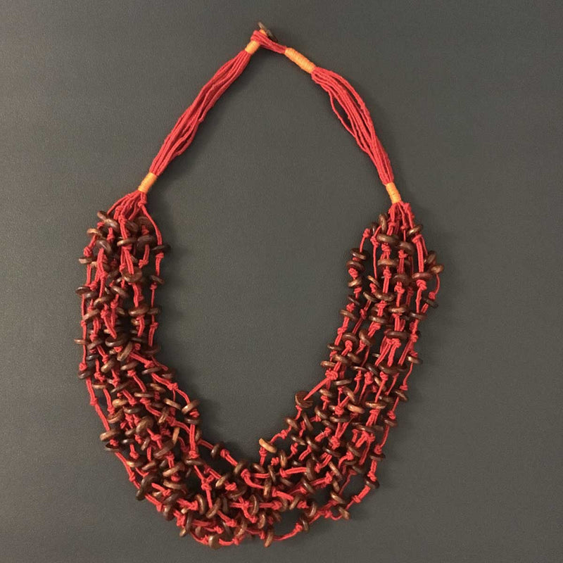 Wooden Beads Necklace | Wax Cotton Dori | Brown & Red