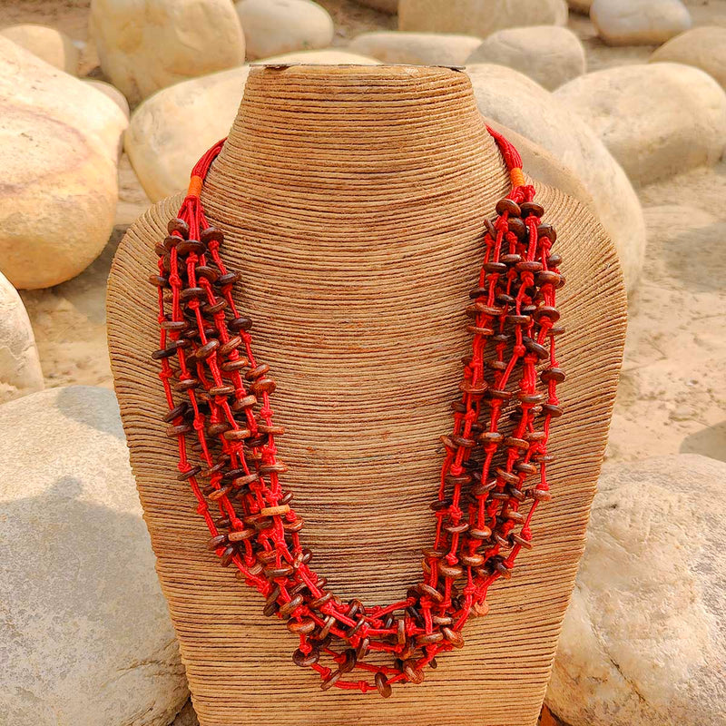 Wooden Beads Necklace | Wax Cotton Dori | Brown & Red