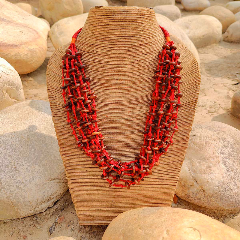 Wooden Beads Necklace | Wax Cotton Dori | Brown & Red