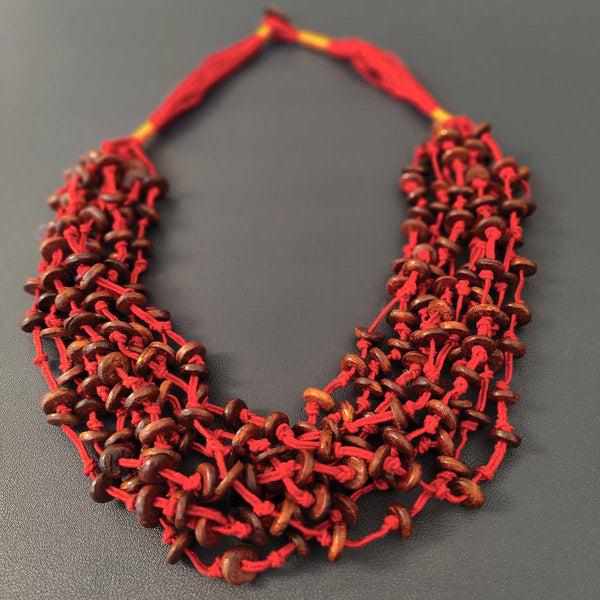 Wooden Beads Necklace | Wax Cotton Dori | Brown & Red