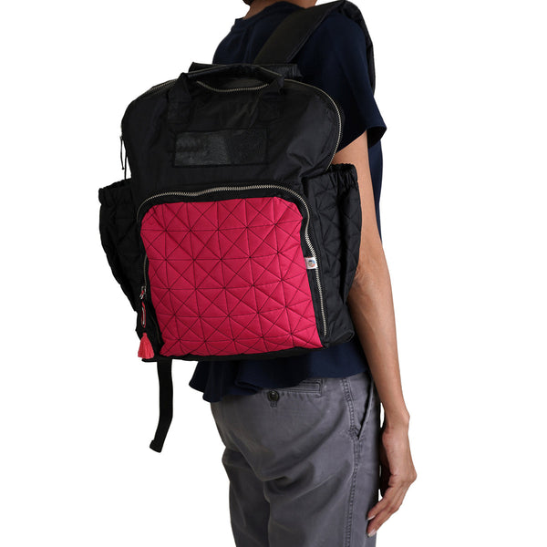 Baby Diaper Bag Backpack | Recyled Nylon & Vegan Leather | Black & Fuschia Pink