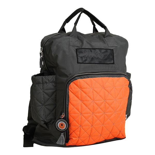 Baby Diaper Bag Backpack | Recyled Nylon & Vegan Leather | Grey Orange