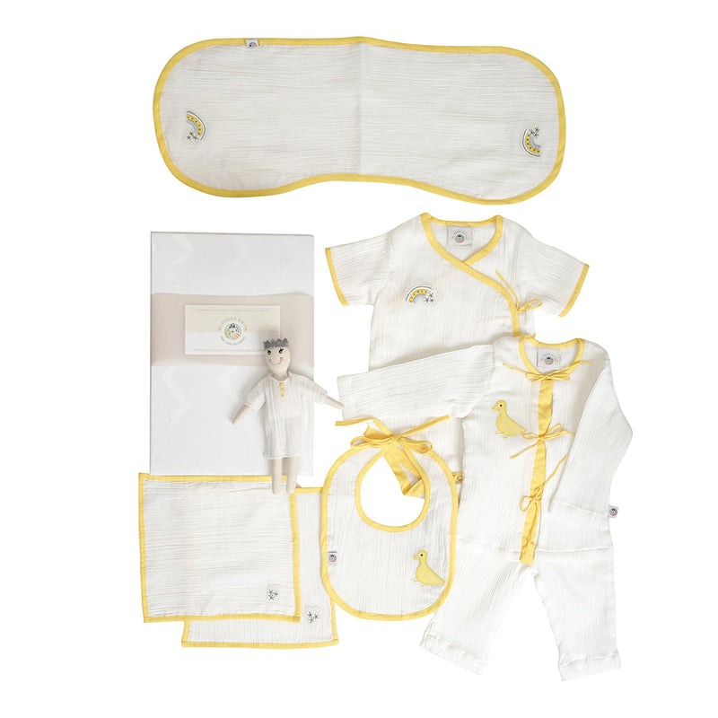 Newborn Baby Gifts | Romper & Loungewear | Napkins & Doll | Bib & Burp Cloth | Ivory | Set of 7