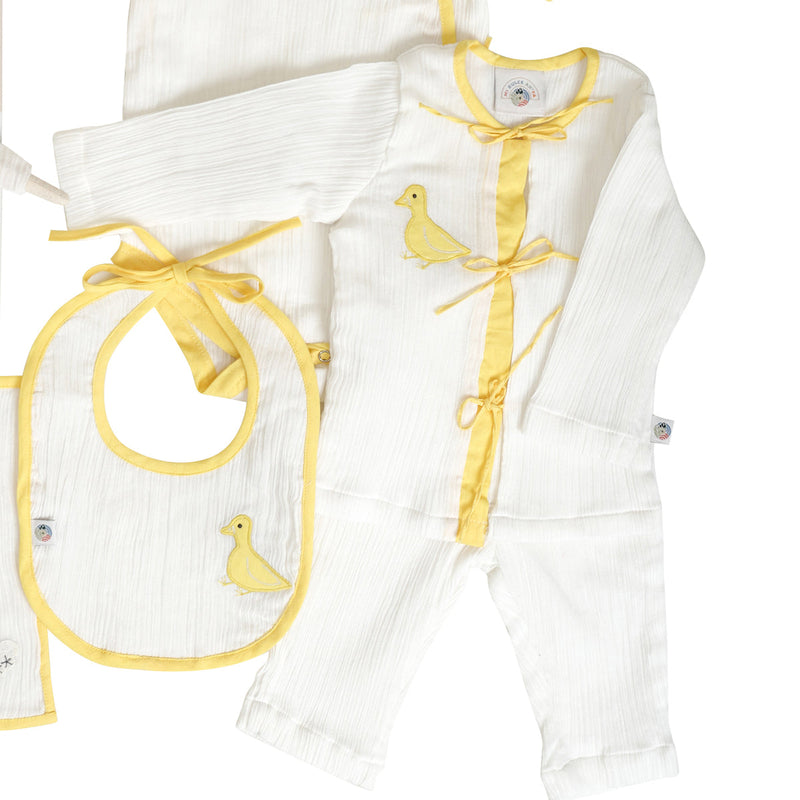 Newborn Baby Gifts | Romper & Loungewear | Napkins & Doll | Bib & Burp Cloth | Ivory | Set of 7
