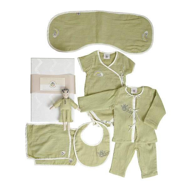 Newborn Baby Gift Set | Romper & Loungewear | Napkins & Doll | Bib & Burp Cloth | Mint Green | Set of 7