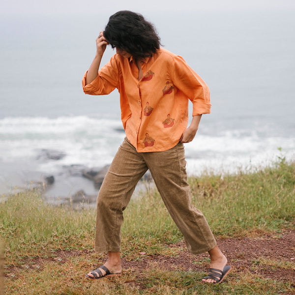 Linen Shirt For Women | Hand Painted | Deep Orange