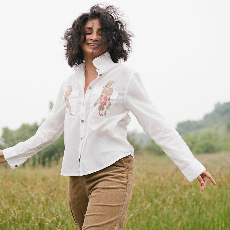 White Cotton Shirt For Women | Hand Painted