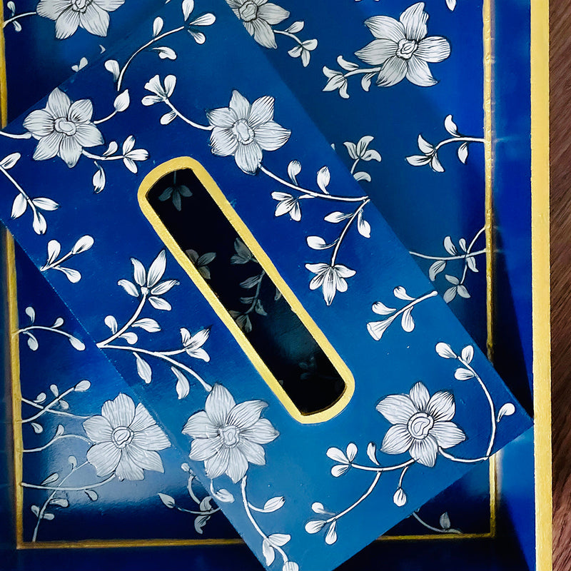 Wooden Tissue Paper Box | Floral Painted | Blue & White | 9 inches