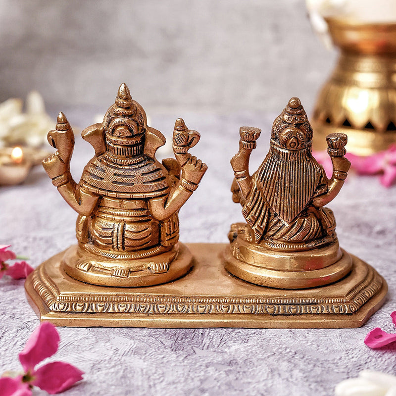 Brass Ganesh And Lakshmi Idols | Gold | 8 cm