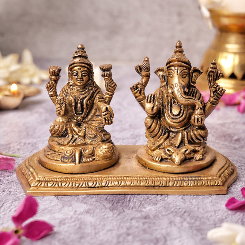 Brass Ganesh And Lakshmi Idols | Gold | 8 cm