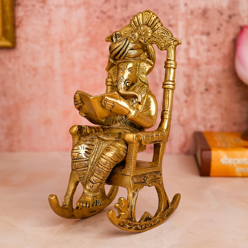 Brass Ganesh Idol | Reading Book On Rocking Chair | 19 cm