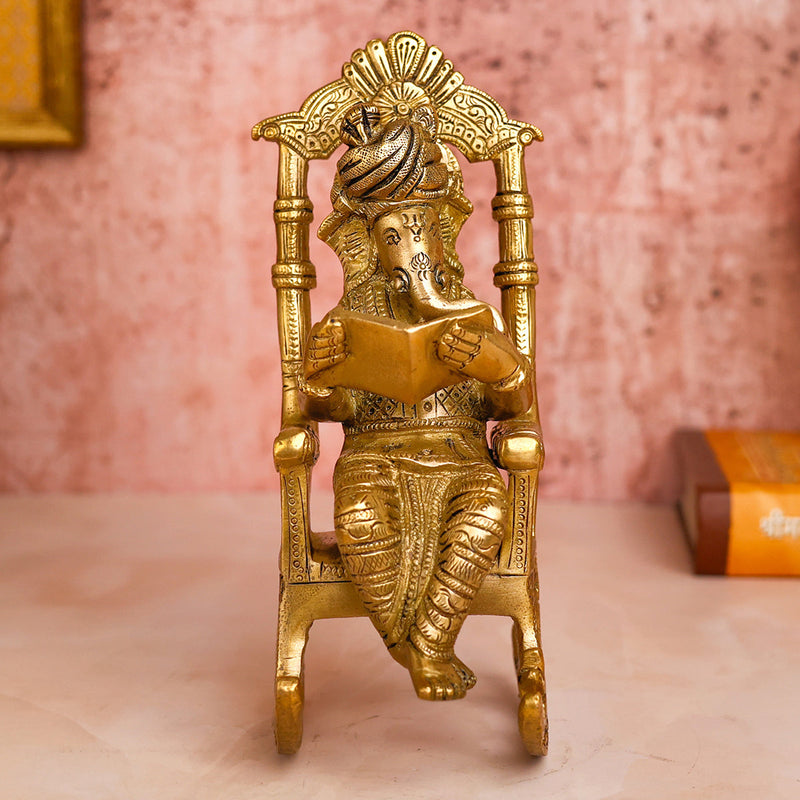 Brass Ganesh Idol | Reading Book On Rocking Chair | 19 cm