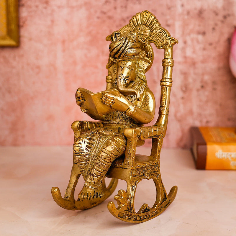 Brass Ganesh Idol | Reading Book On Rocking Chair | 19 cm