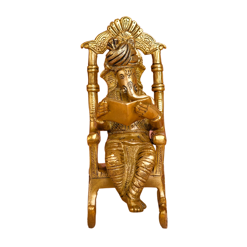 Brass Ganesh Idol | Reading Book On Rocking Chair | 19 cm