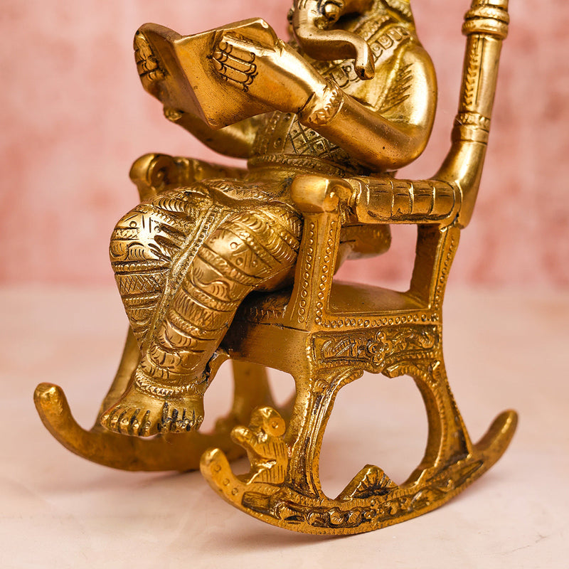 Brass Ganesh Idol | Reading Book On Rocking Chair | 19 cm