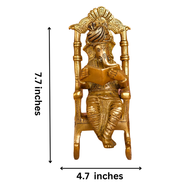 Brass Ganesh Idol | Reading Book On Rocking Chair | 19 cm