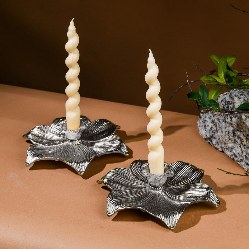 Metal Lotus Candle Stand | Floral Design | Silver