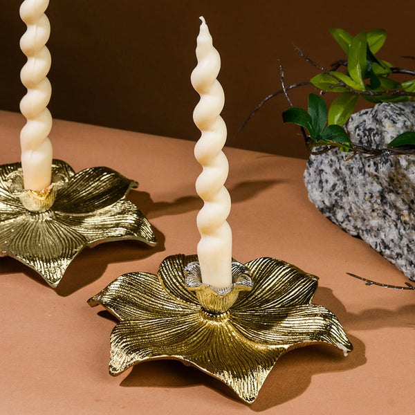 Metal Lotus Candle Stand | Floral Design | Golden