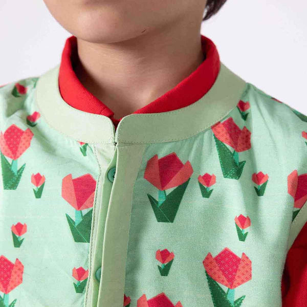 Silk Nehru Jacket For Kids | Tulip | Mandarin Collar | Green.