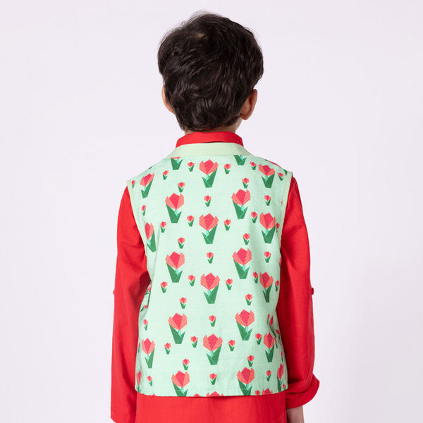 Silk Nehru Jacket For Kids | Tulip | Mandarin Collar | Green.