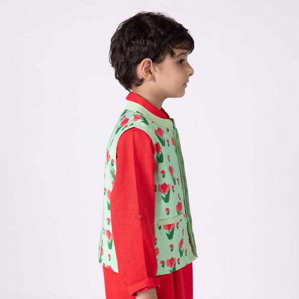 Silk Nehru Jacket For Kids | Tulip | Mandarin Collar | Green.