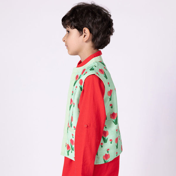 Silk Nehru Jacket For Kids | Tulip | Mandarin Collar | Green.