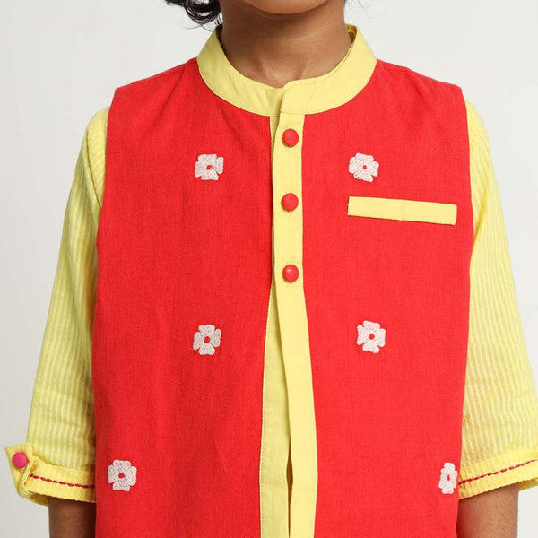 Cotton Orchid Nehru Jacket | Mandarin Collar | Red.