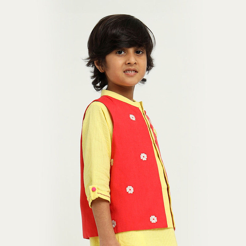 Cotton Orchid Nehru Jacket | Mandarin Collar | Red.