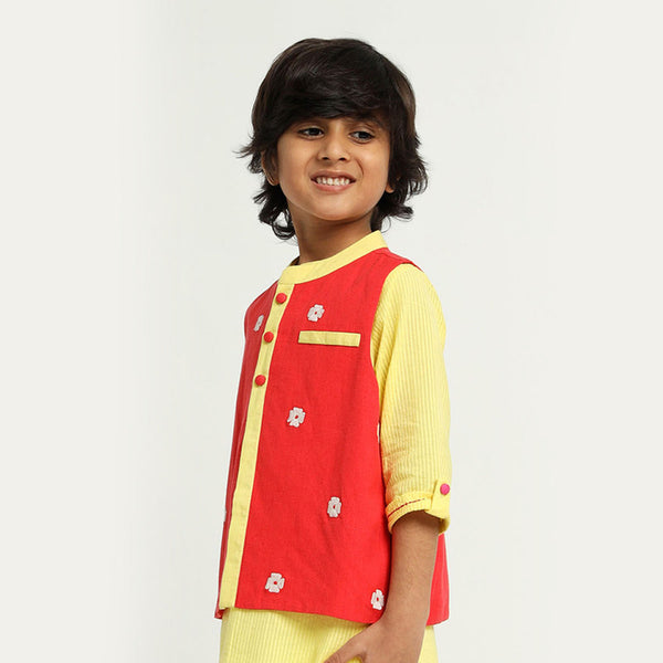 Cotton Orchid Nehru Jacket | Mandarin Collar | Red.