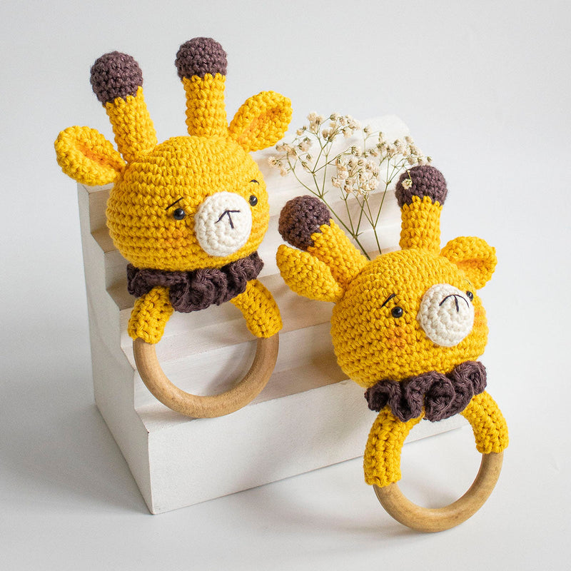 Wooden Baby Teether | Crochet Bunny | Yellow & Brown