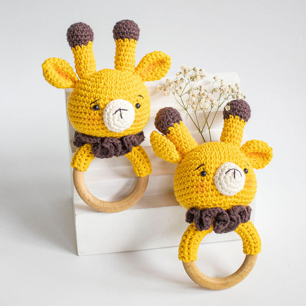 Wooden Baby Teether | Crochet Bunny | Yellow & Brown