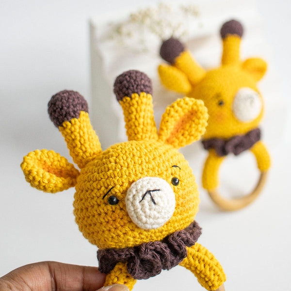 Wooden Baby Teether | Crochet Bunny | Yellow & Brown