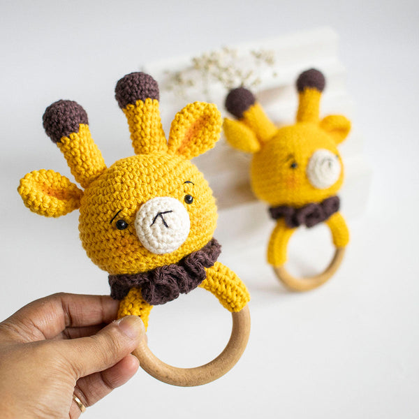 Wooden Baby Teether | Crochet Bunny | Yellow & Brown