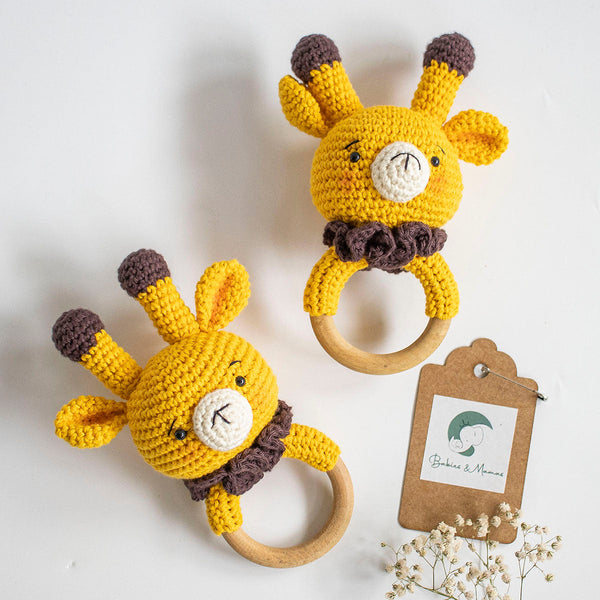 Wooden Baby Teether | Crochet Bunny | Yellow & Brown