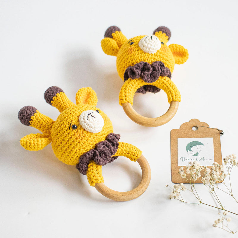 Wooden Baby Teether | Crochet Bunny | Yellow & Brown