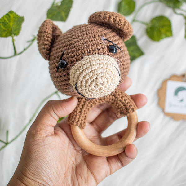 Wooden Baby Teether | Crochet Bear | Brown