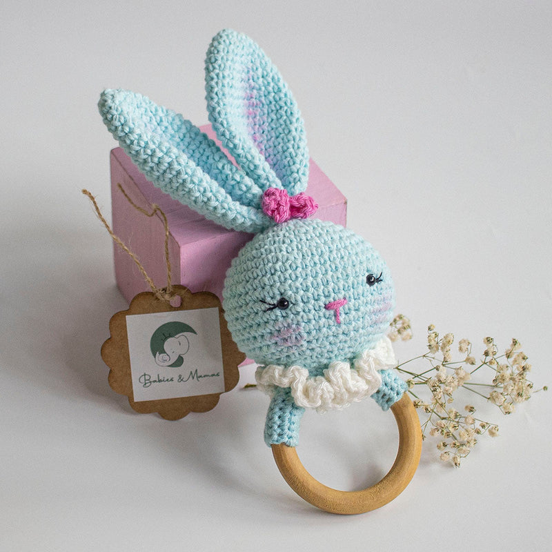 Wooden Baby Teether | Crochet Rabbit | Blue