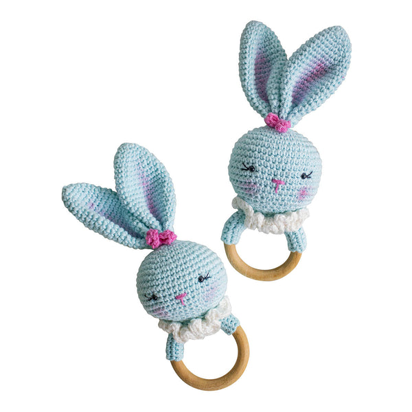 Wooden Baby Teether | Crochet Rabbit | Blue