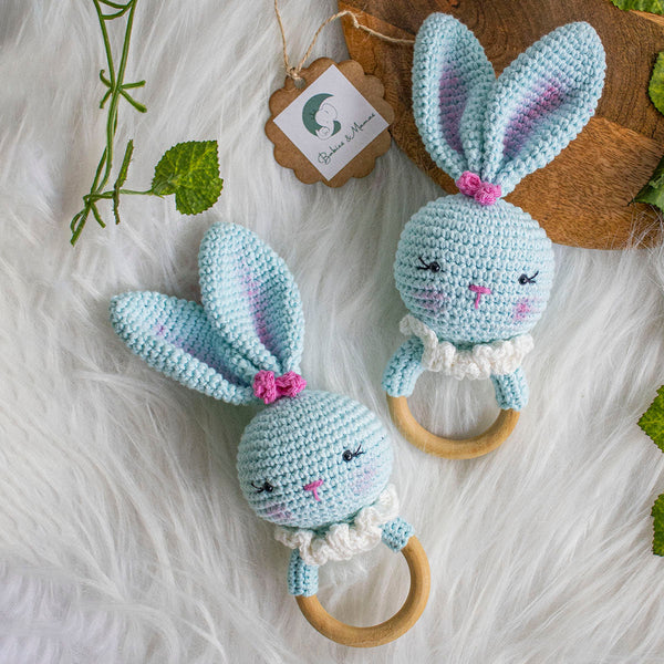 Wooden Baby Teether | Crochet Rabbit | Blue