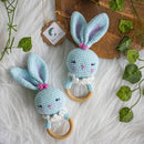 Wooden Baby Teether | Crochet Rabbit | Blue