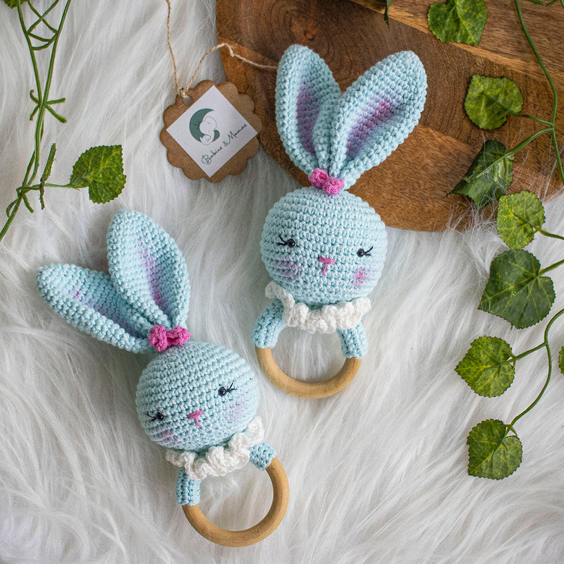 Wooden Baby Teether | Crochet Rabbit | Blue