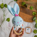 Wooden Baby Teether | Crochet Rabbit | Blue