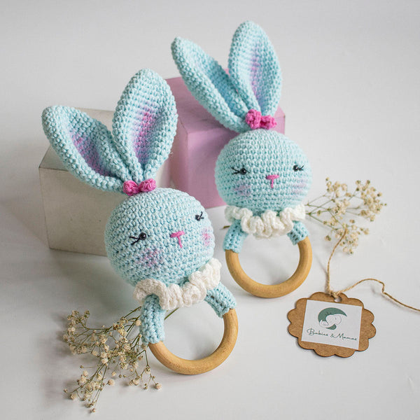 Wooden Baby Teether | Crochet Rabbit | Blue