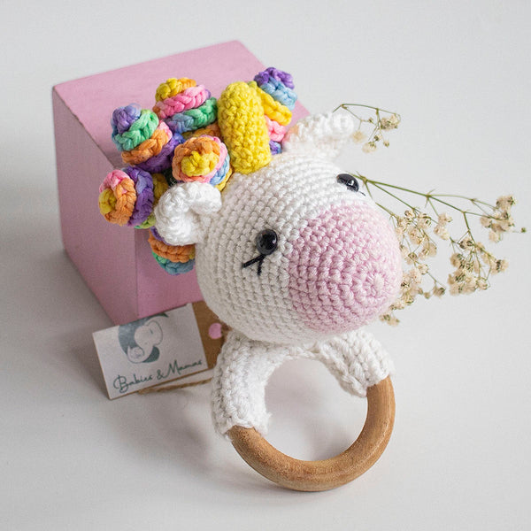 Wooden Baby Teether | Crochet Unicorn | White & Pink