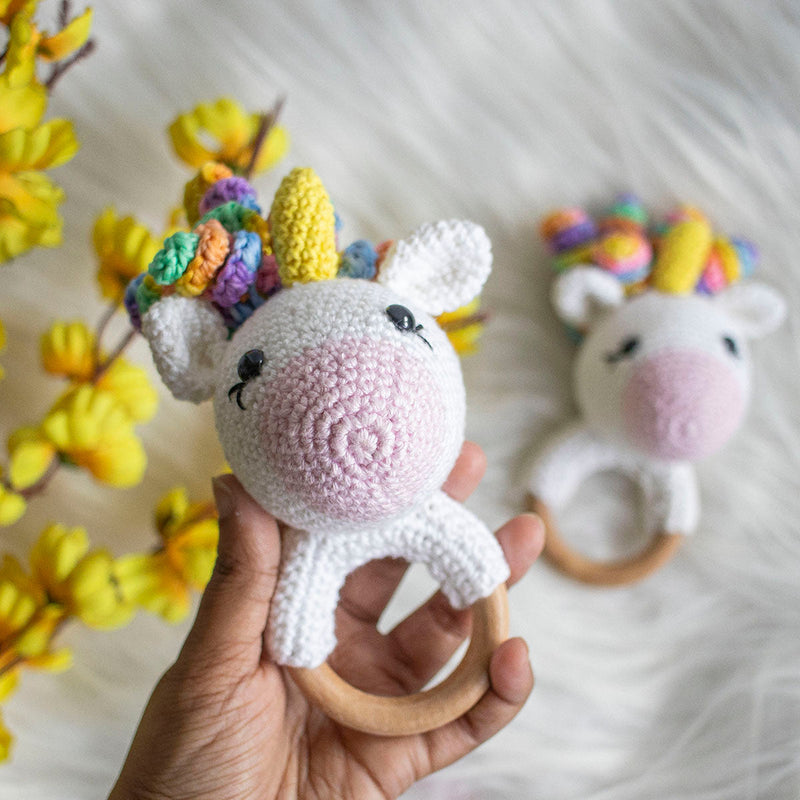 Wooden Baby Teether | Crochet Unicorn | White & Pink