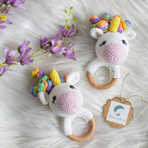 Wooden Baby Teether | Crochet Unicorn | White & Pink