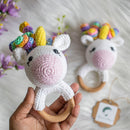 Wooden Baby Teether | Crochet Unicorn | White & Pink