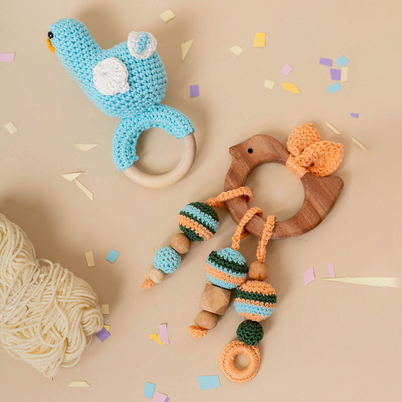 Wooden Baby Teether | Cotton Crochet | Bird Design | Multicolour