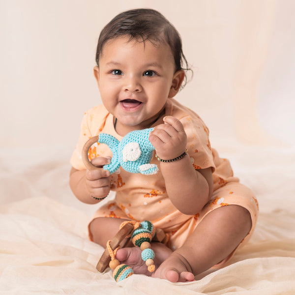 Wooden Baby Teether | Cotton Crochet | Bird Design | Multicolour